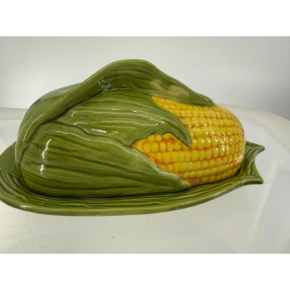 Vintage Corn on the Cob Covered Butter Dish Majolica Style Ceramic Farmhouse 8.5
